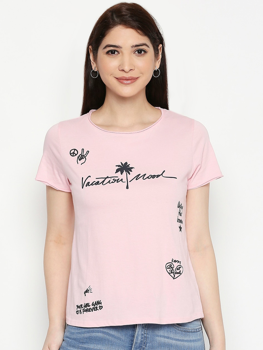 

People Women Pink Printed Round Neck T-shirt