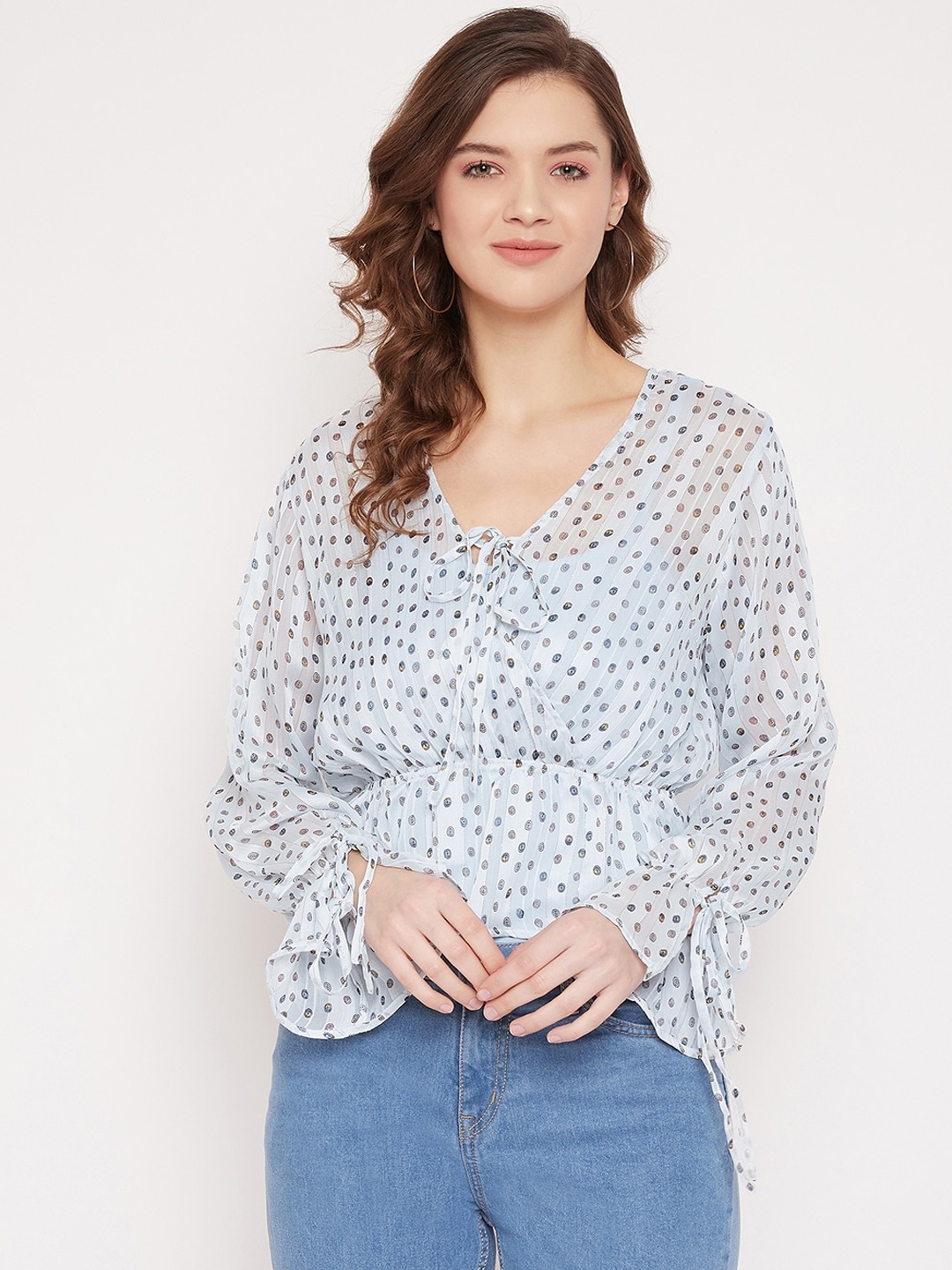 

Octave Blue Geometric Printed Bell Sleeves Georgette Cinched Waist Top