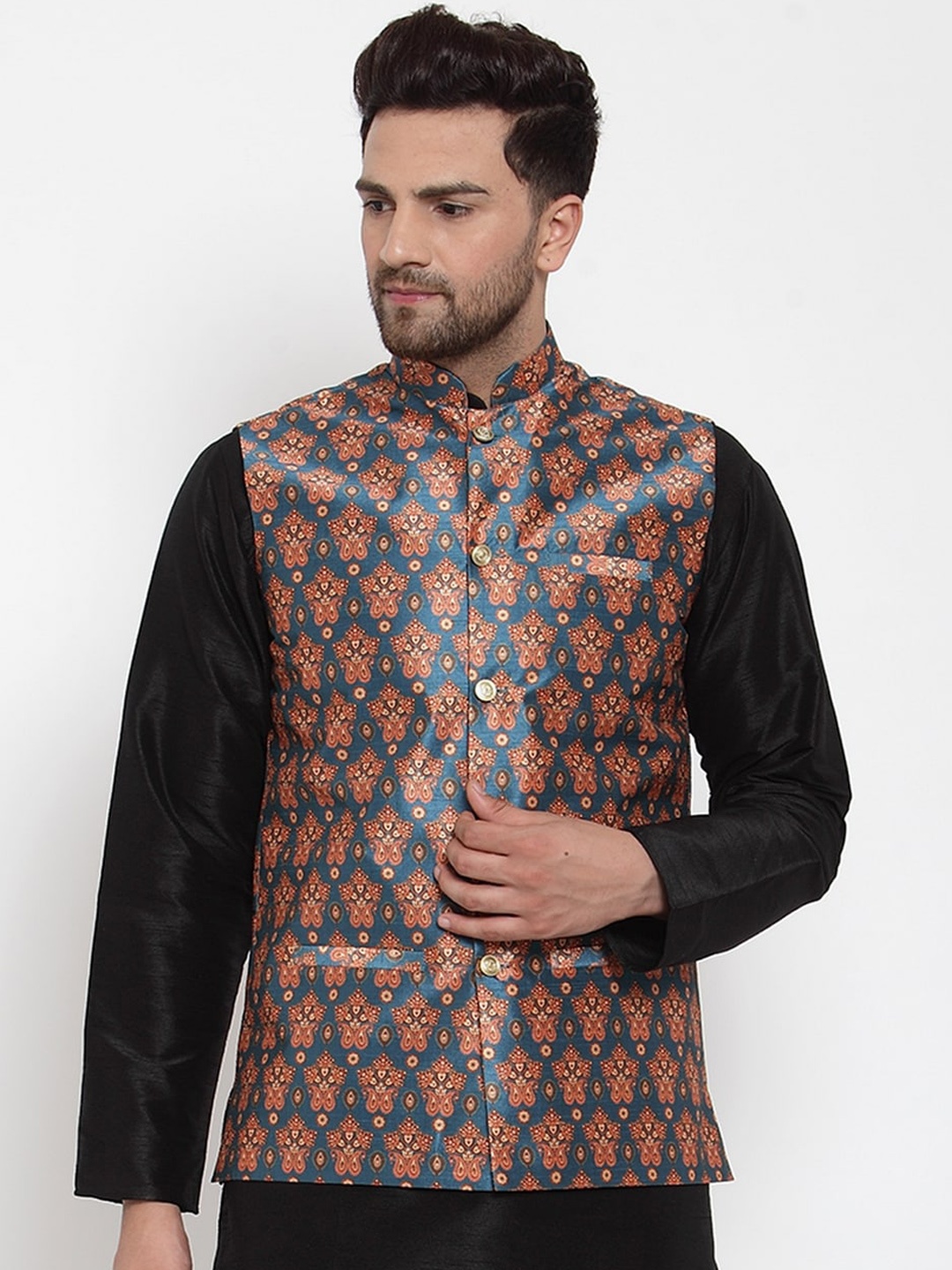 

GRACIT Men Blue & Brown Printed Woven Nehru Jacket