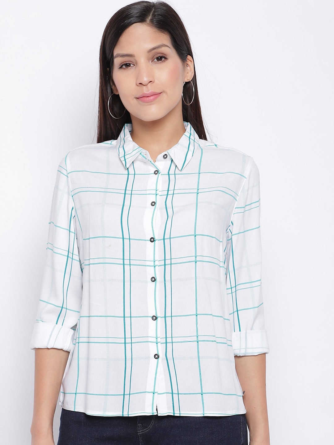 

Pepe Jeans Women Turquoise Blue Regular Fit Checked Casual Shirt