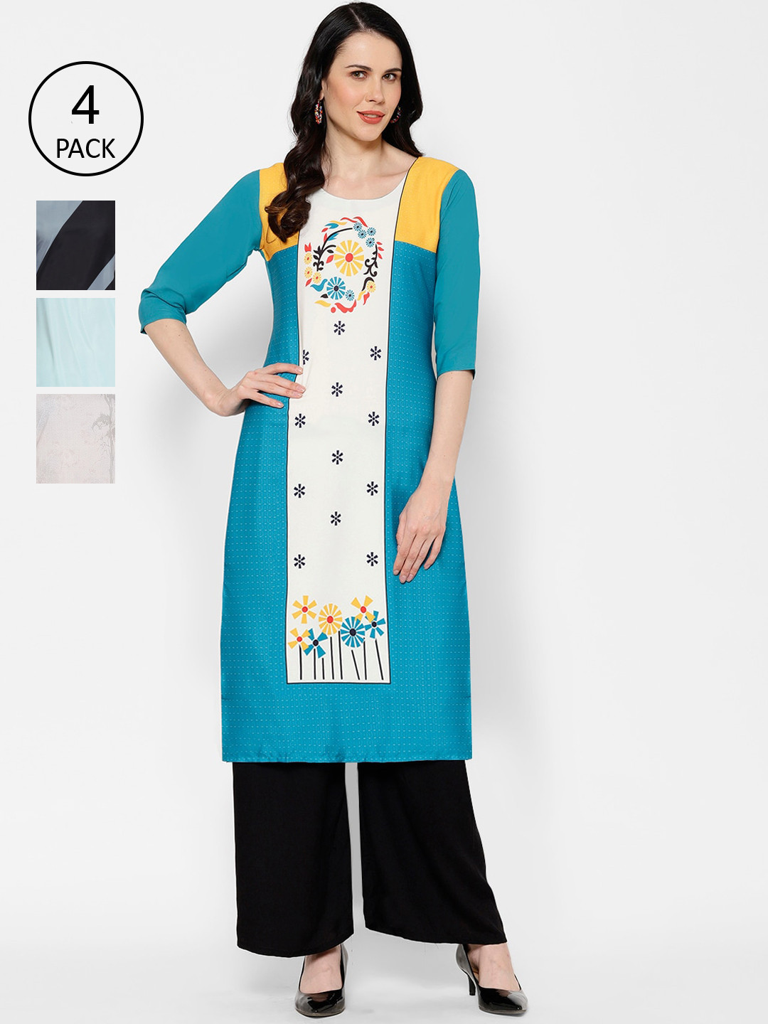 

7Threads Pack Of 4 Ethnic Motifs Printed Crepe Kurta, Multi