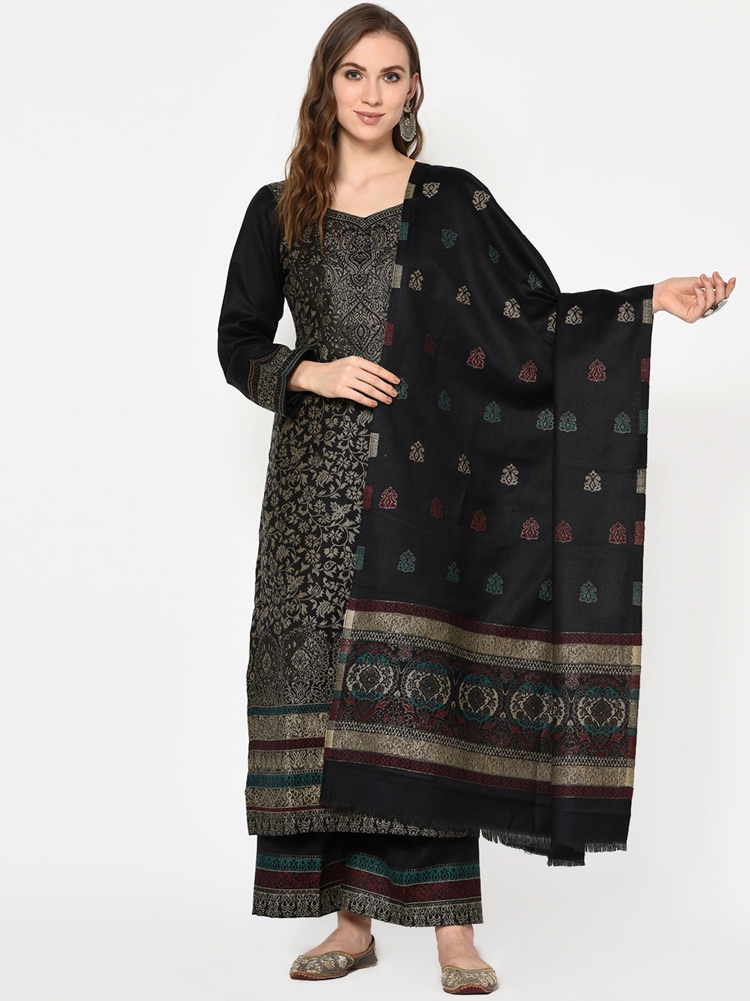 Safaa Women Black Viscose Acrylic Woven Design Suit Unstitched Dress Material For Winter