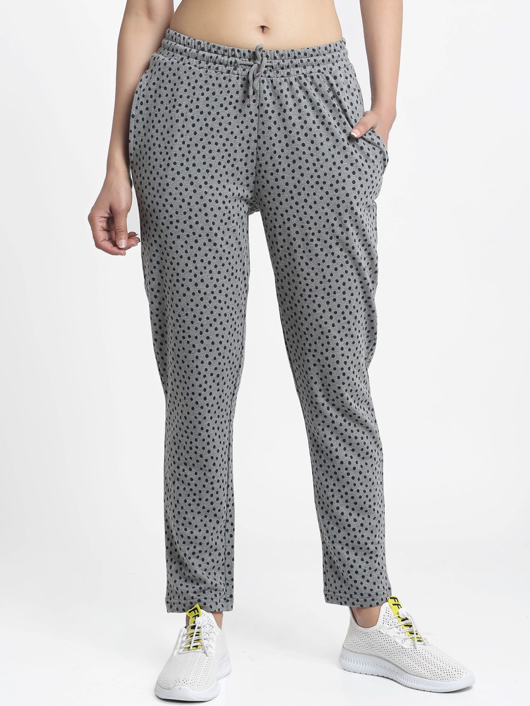 

DOOR74 Women Grey & Black Polka Dots Printed Relaxed-Fit Track Pants