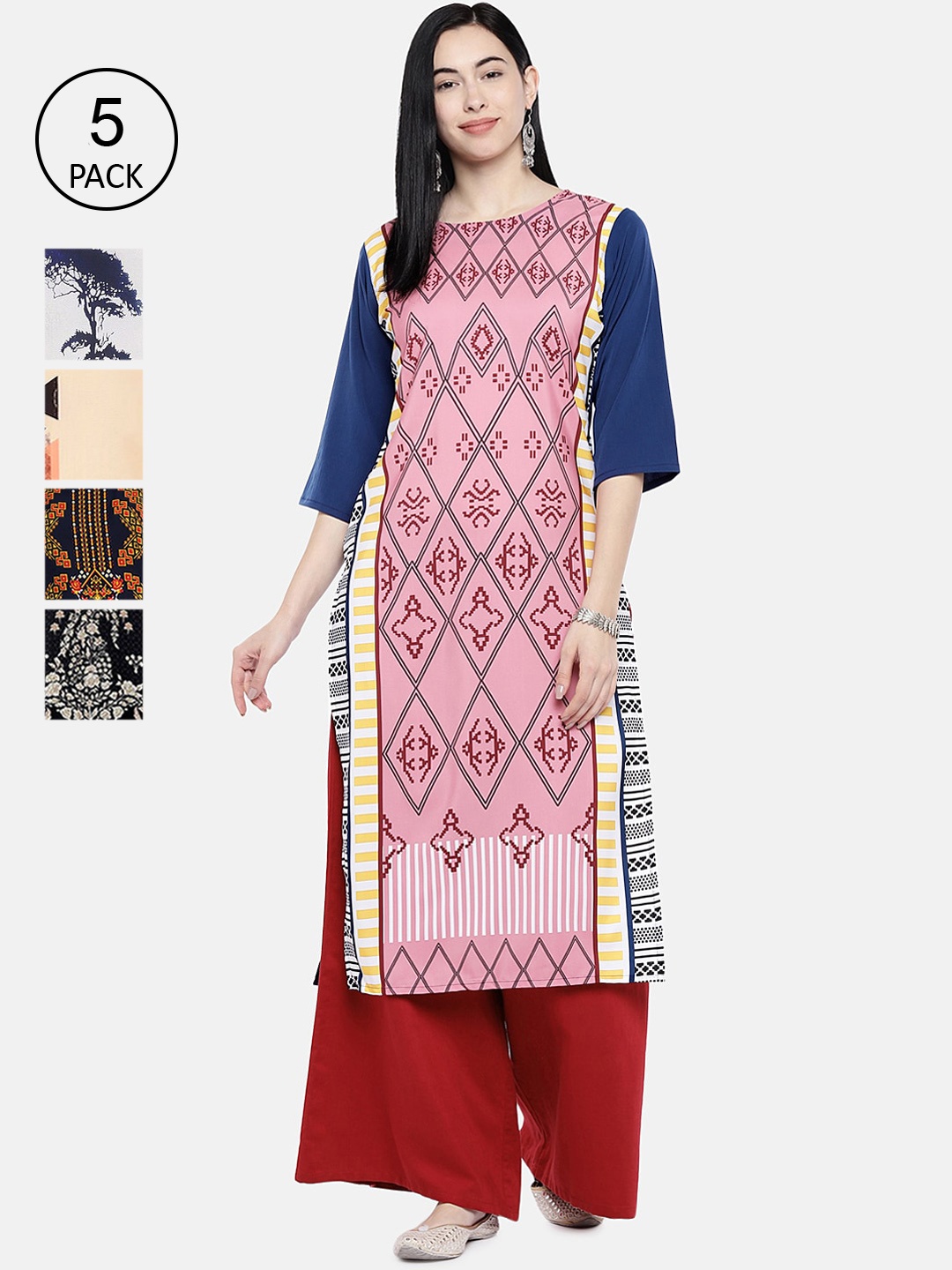 

7Threads Multicoloured Pack of 5 Geometric Printed Crepe Kurta, Multi