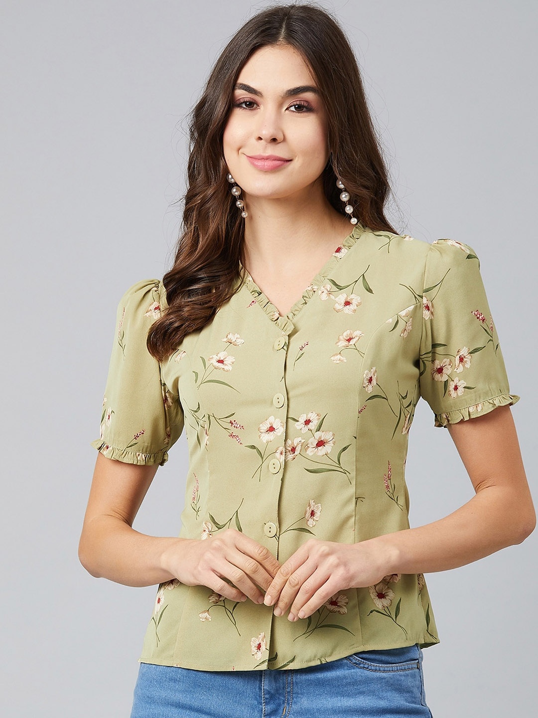 

Marie Claire Green Floral Printed Bishop Sleeves Georgette Shirt Style Top