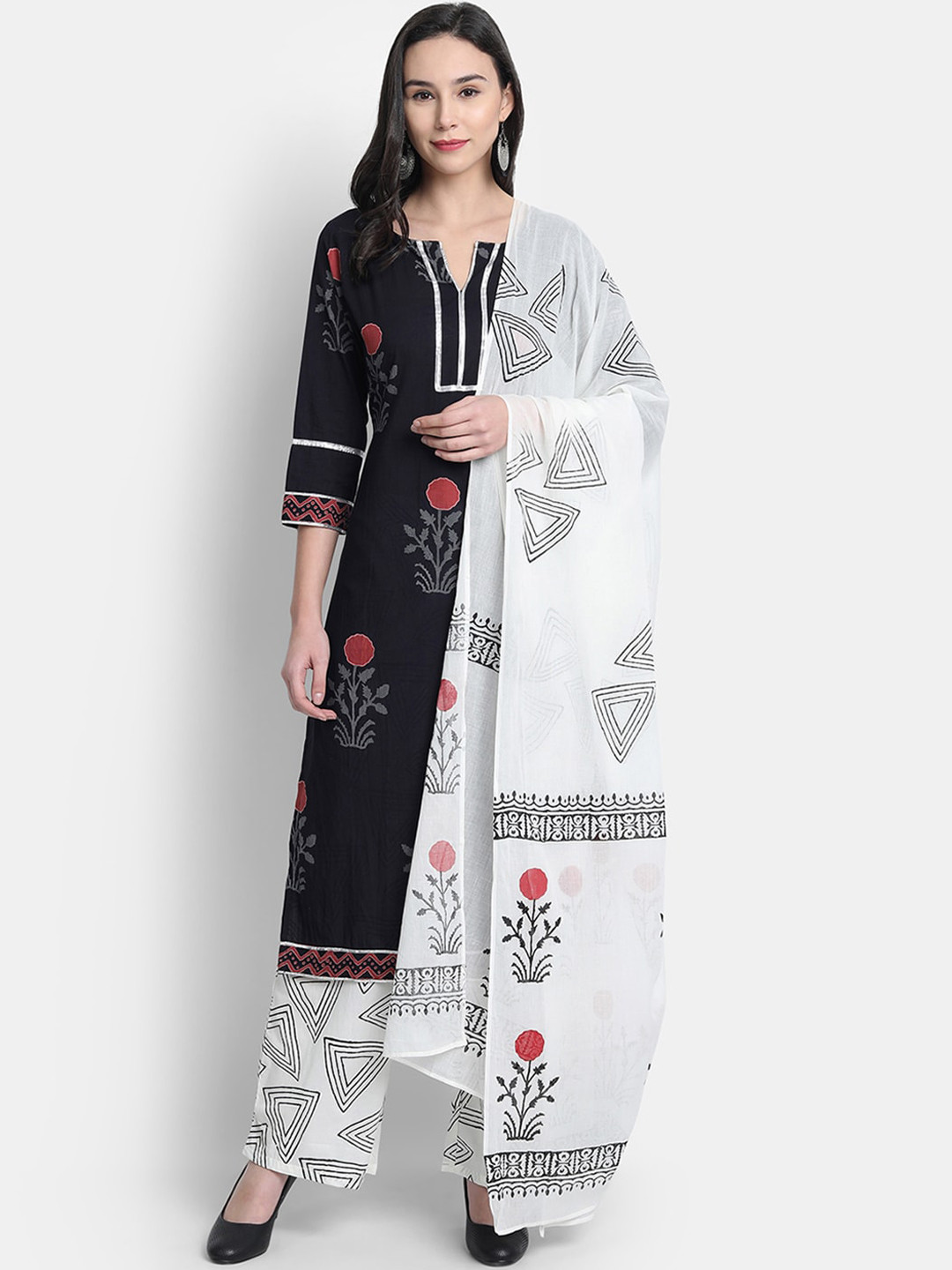 

Janasya Women Black & White Printed Kurta with Palazzos & Dupatta