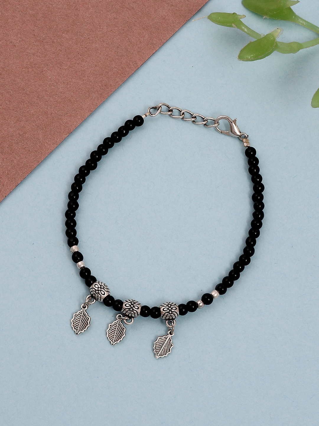 

Silvermerc Designs Women Silver-Toned & Black Beaded Handmade Adjustable Bracelets