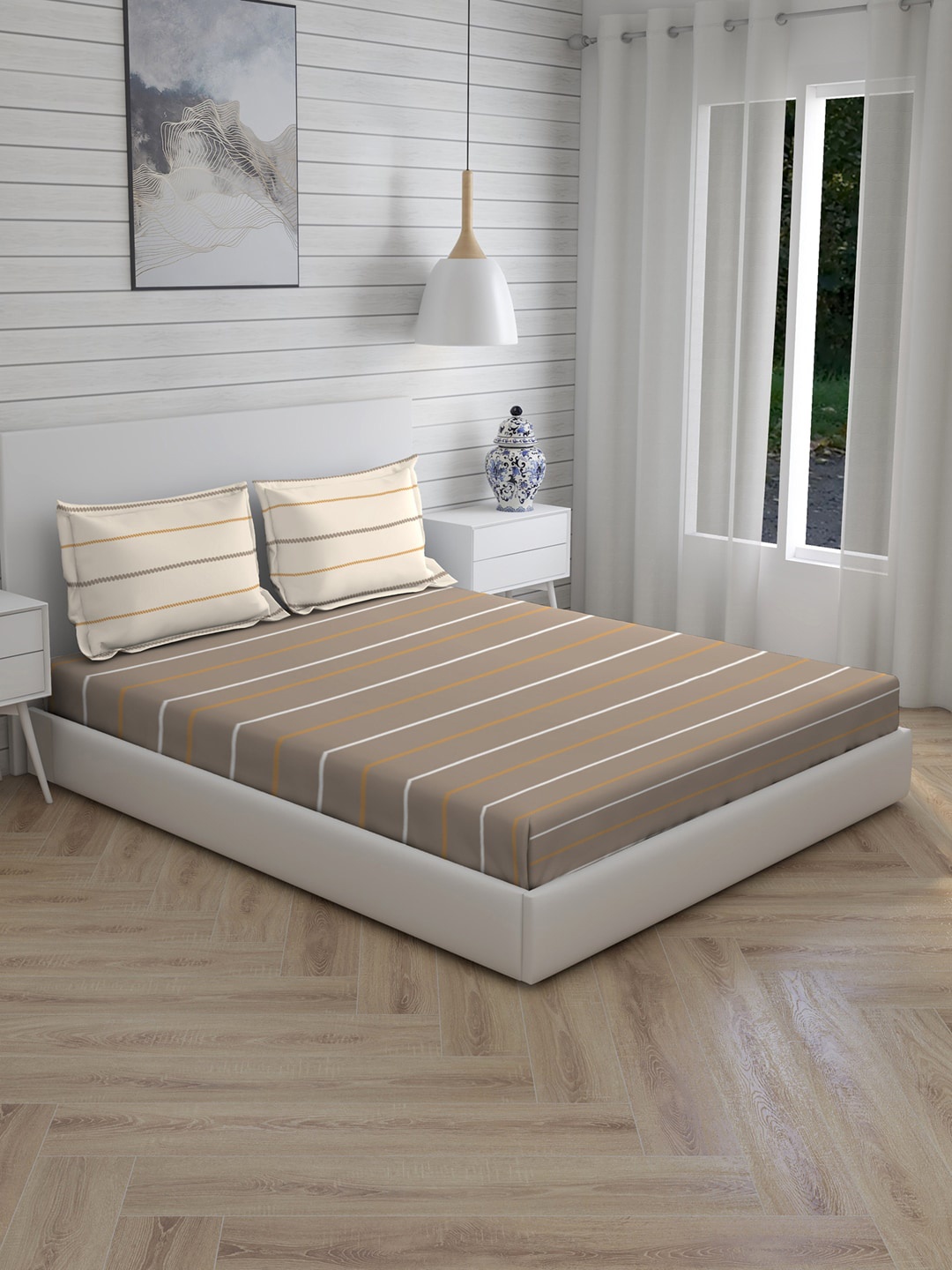 

Layers Brown & White Striped 104 TC Cotton 1 Queen Bedsheet with 2 Pillow Covers