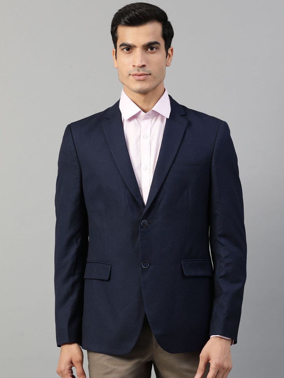 

HARSAM Men Navy Blue Self Design Single-Breasted Formal Blazer