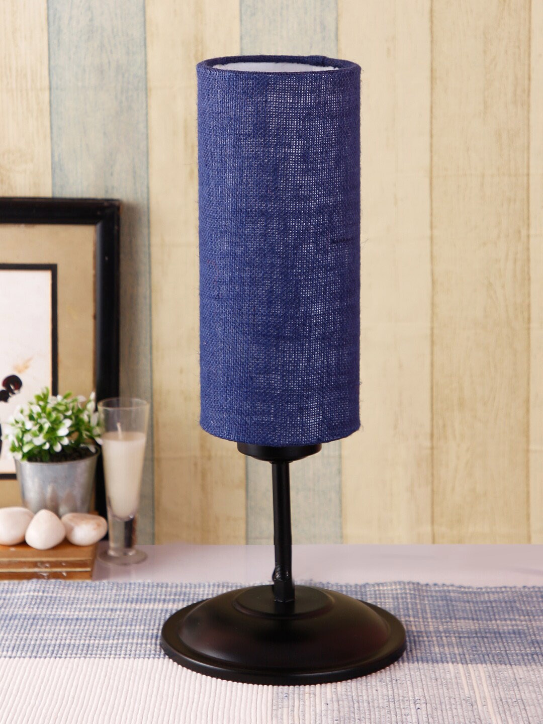 Devansh Blue & Black Solid Cylindrical Table Lamp