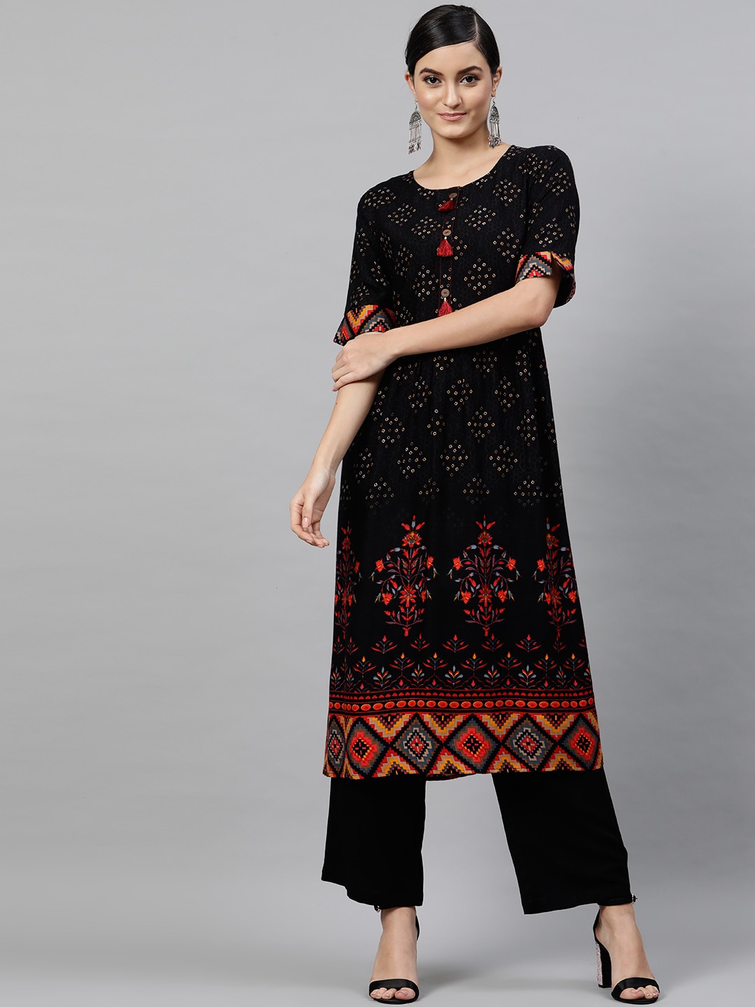 STREET 9 Black & Yellow Geometric Printed Kurta