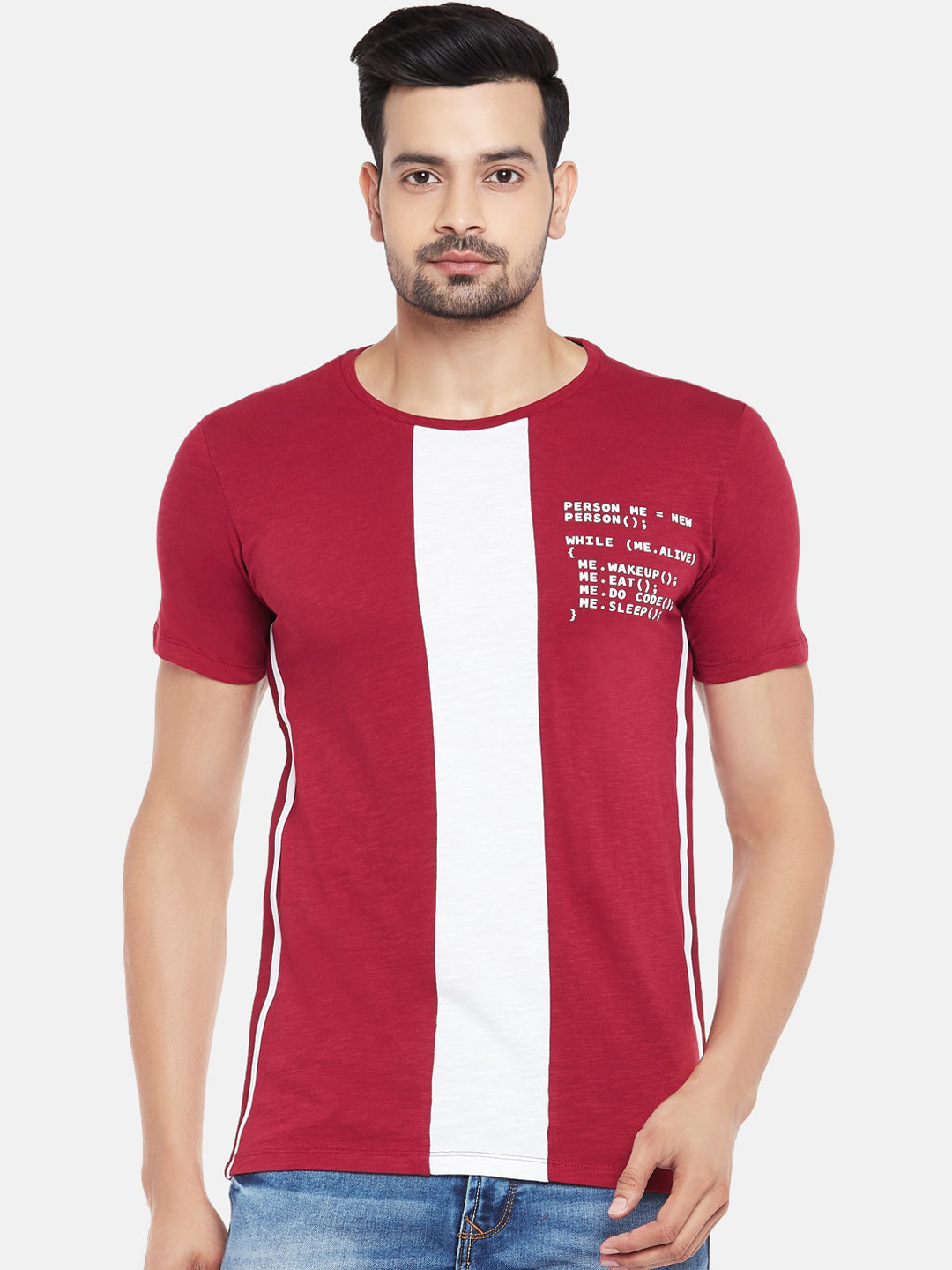 

SF JEANS by Pantaloons Men Red Printed Round Neck Cotton Pure Cotton T-shirt