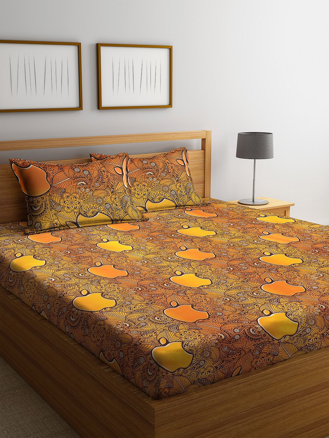 

ROMEE Yellow & Orange Abstract 144 TC Cotton 1 Queen Bedsheet with 2 Pillow Covers