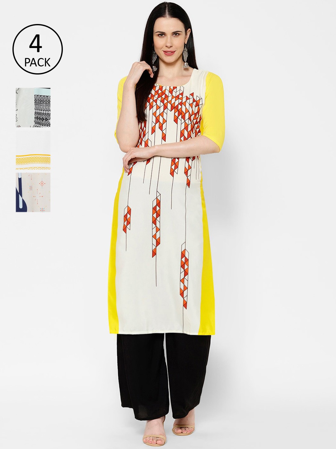 

7Threads Women Pack Of 4 Multicoloured Geometric Printed Crepe Kurtas, Multi