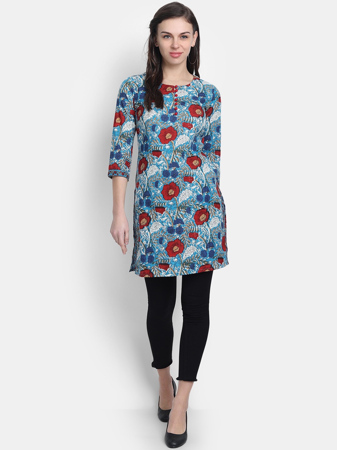 

fabGLOBAL Blue Floral Printed Handloom Kurta