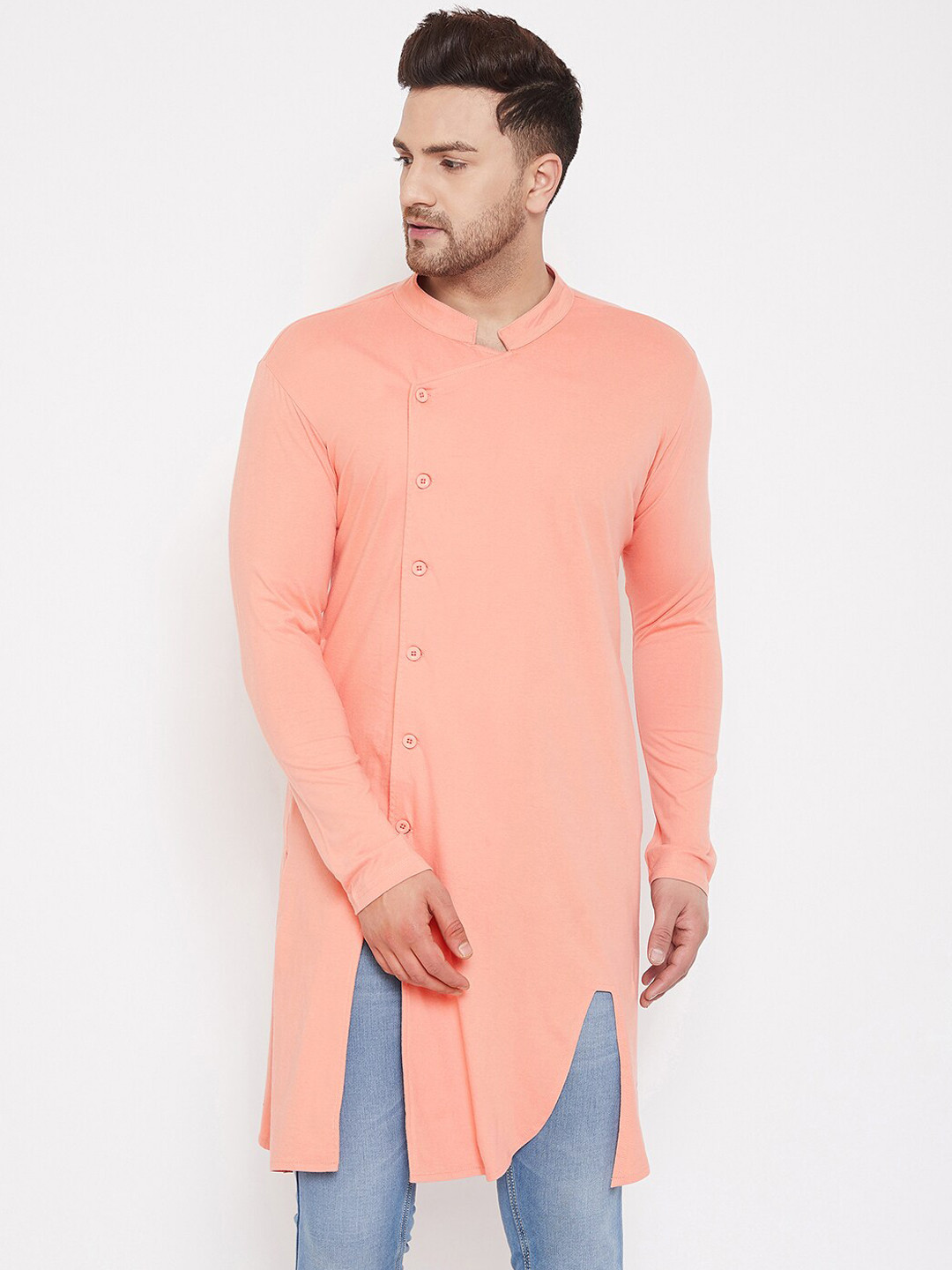 

Hypernation Men Peach-Coloured Mandarin Collar Cotton Kurta