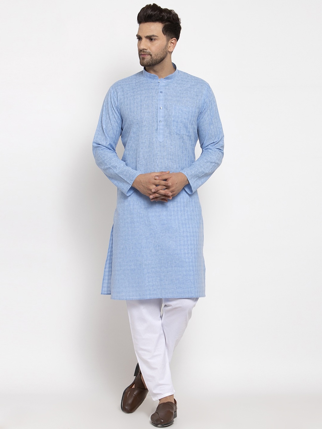 

GRACIT Men Turquoise Blue & White Self Checked Kurta with Pyjamas