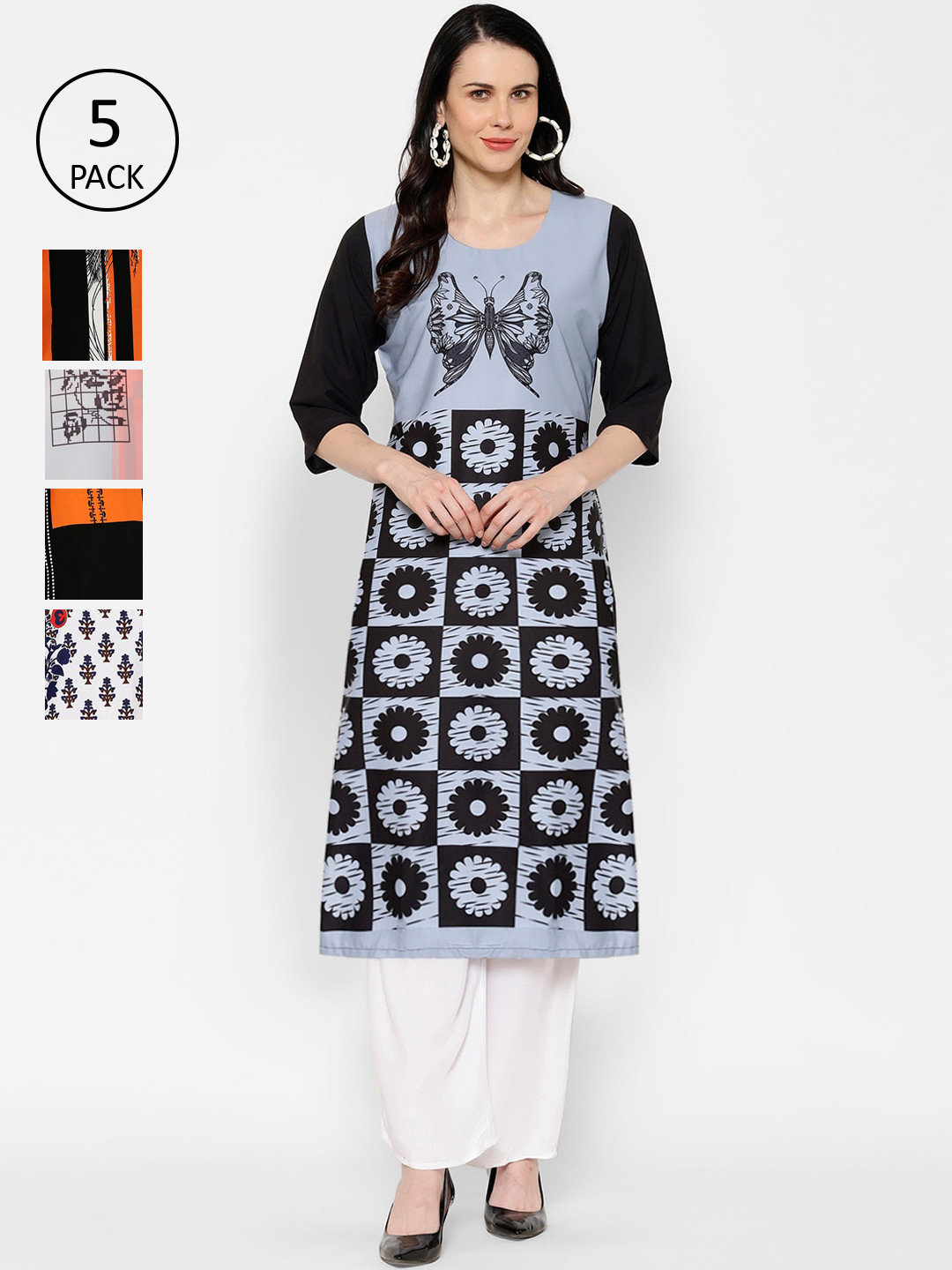 

7Threads Multicoloured Pack Of 5 Geometric Printed Crepe Kurta, Multi