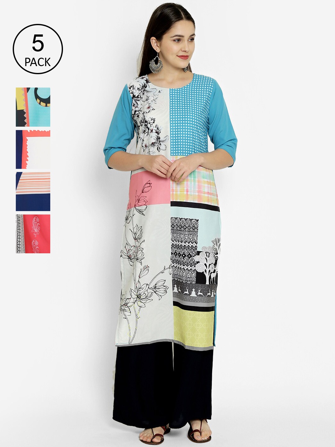 

7Threads Pack Of 5 Digital Printed Crepe Kurtas, Multi
