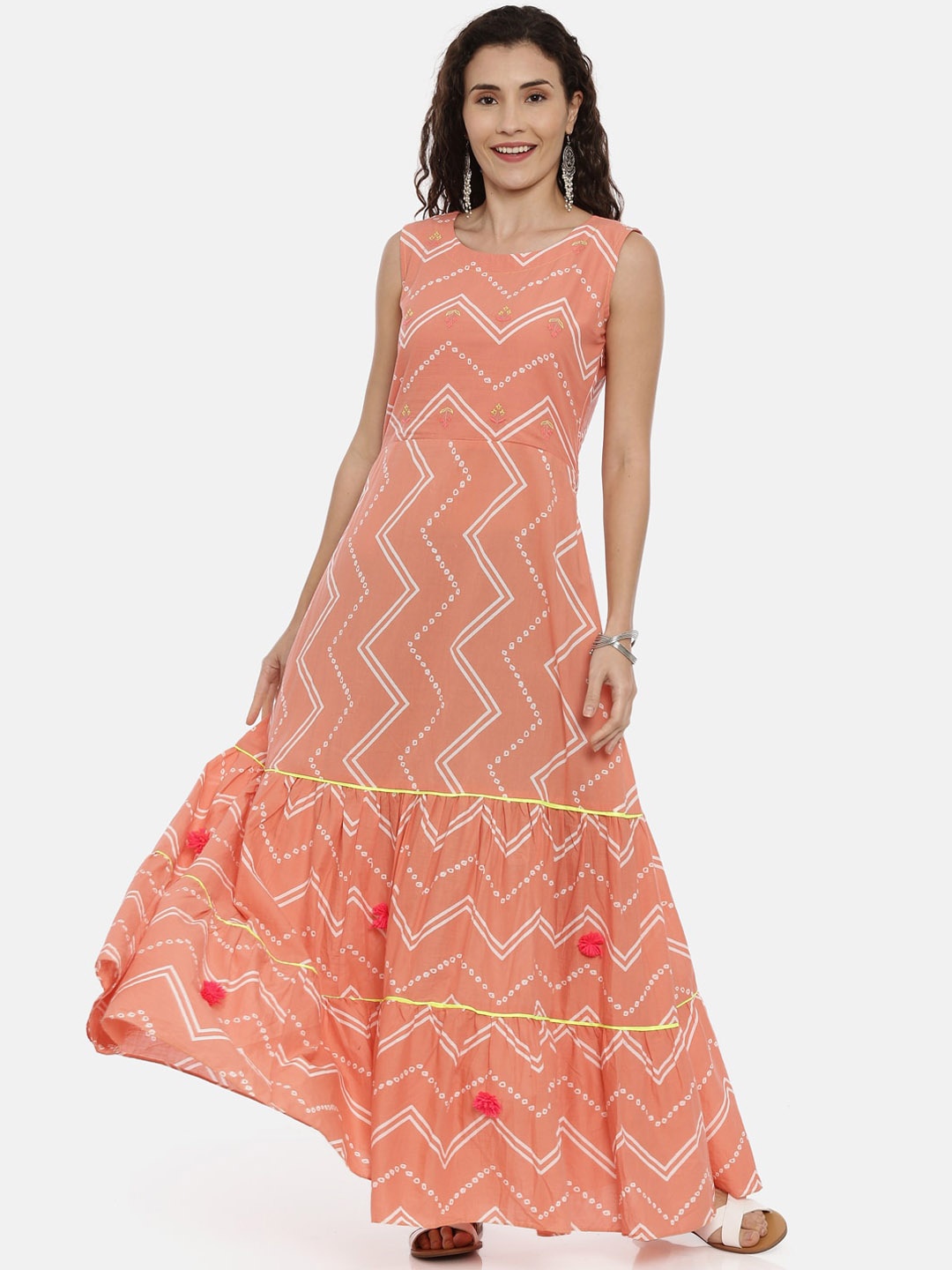 

Neerus Women Coral Chevron Printed Anarkali Kurta
