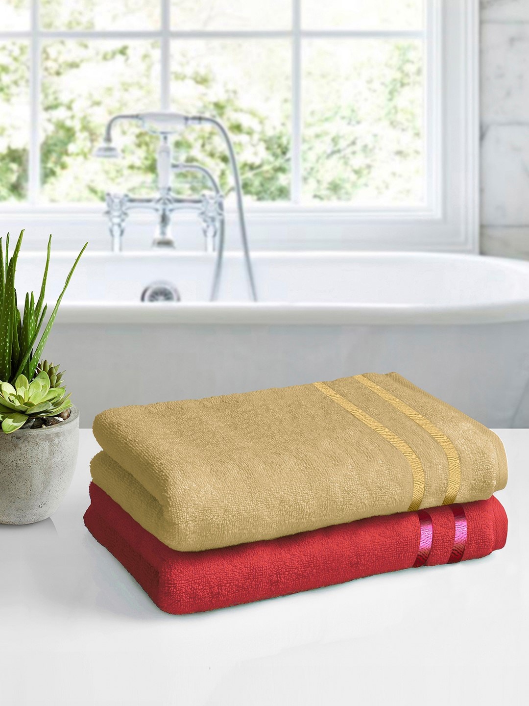 Story@home Set Of 2 Solid 450 GSM Pure Cotton Medium Bath Towels, Red