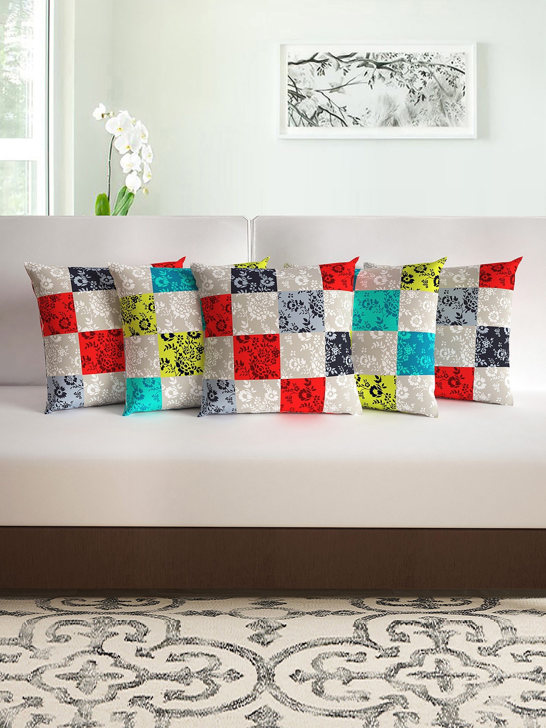 

Divine Casa Red & Grey Set of 5 Floral Square Cushion Covers