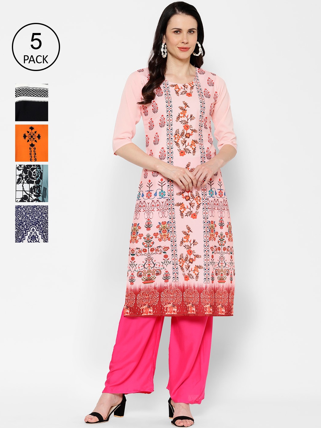 

7Threads Multicoloured Pack Of 5 Printed Crepe Kurta, Multi