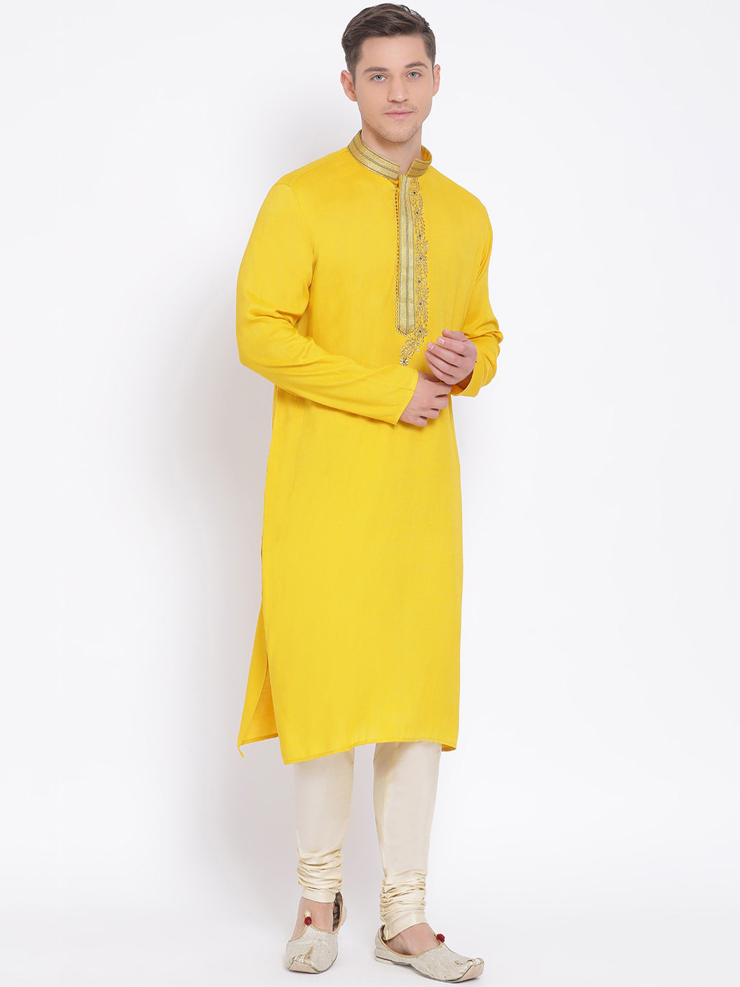 

NAMASKAR Men Yellow Yoke Design Thread Work Kurta