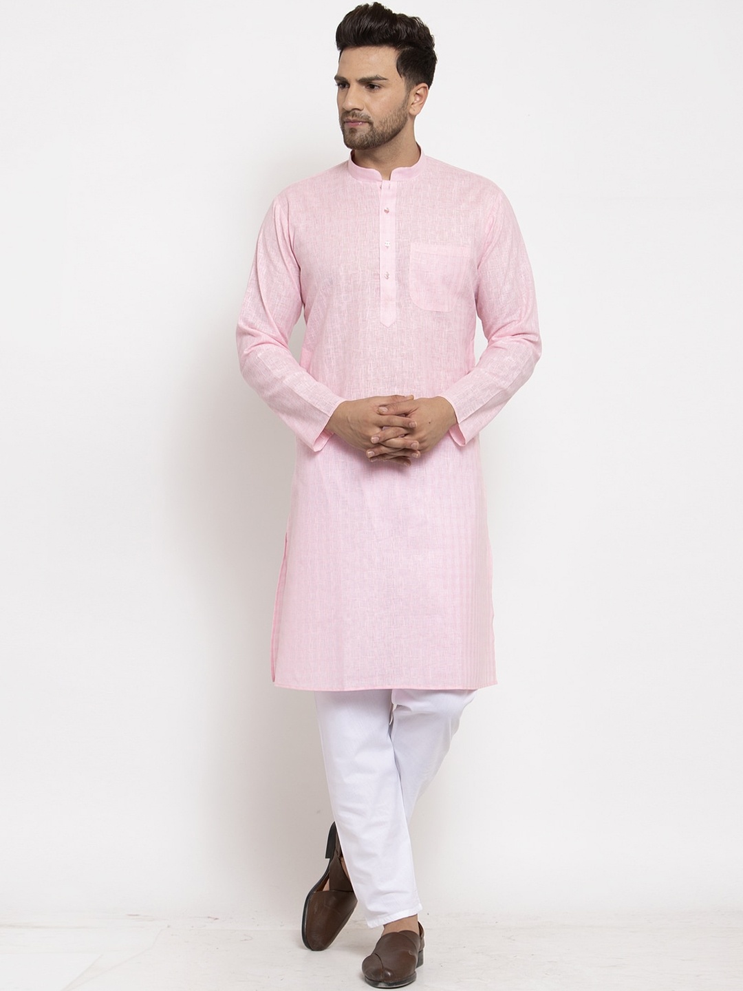 

GRACIT Men Pink & White Self Design Kurta with Pyjamas