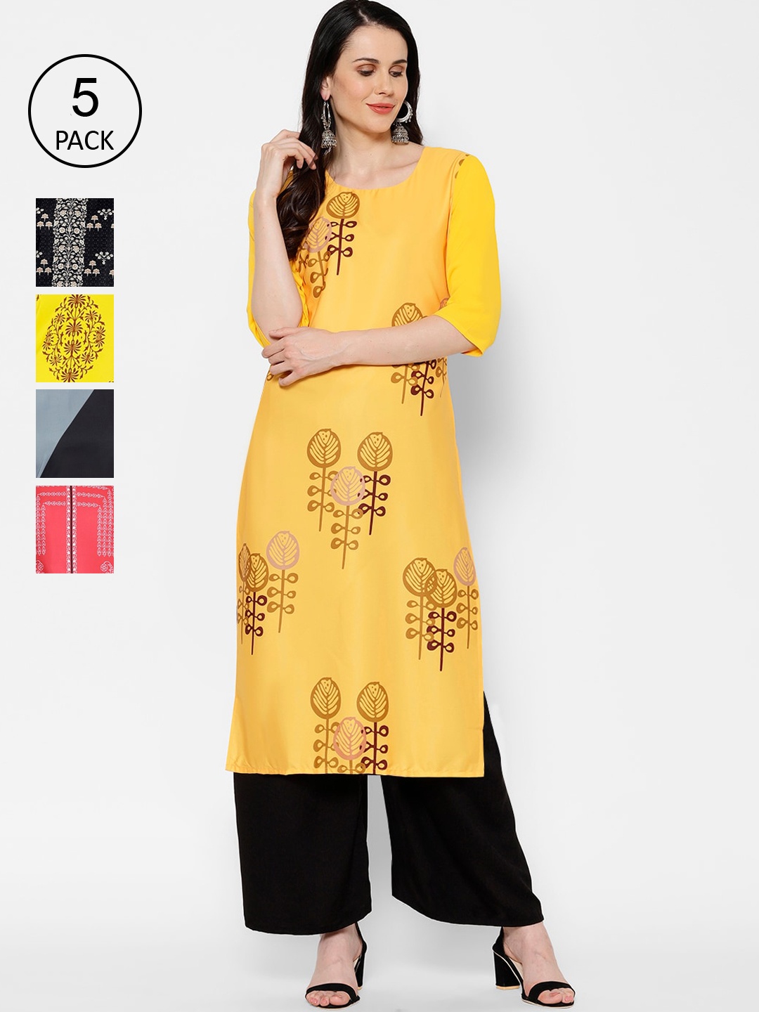 

7Threads Women Pack Of 5 Multicoloured Floral Printed Crepe Kurtas, Multi