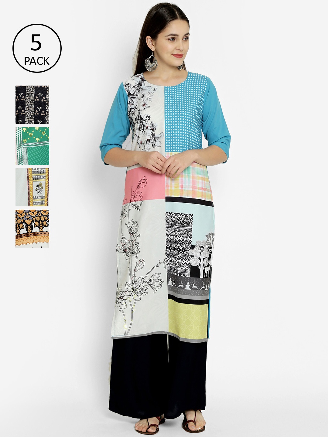 

7Threads Women Pack of 7 Multicoloured Digital Printed Crepe Kurtas, Multi