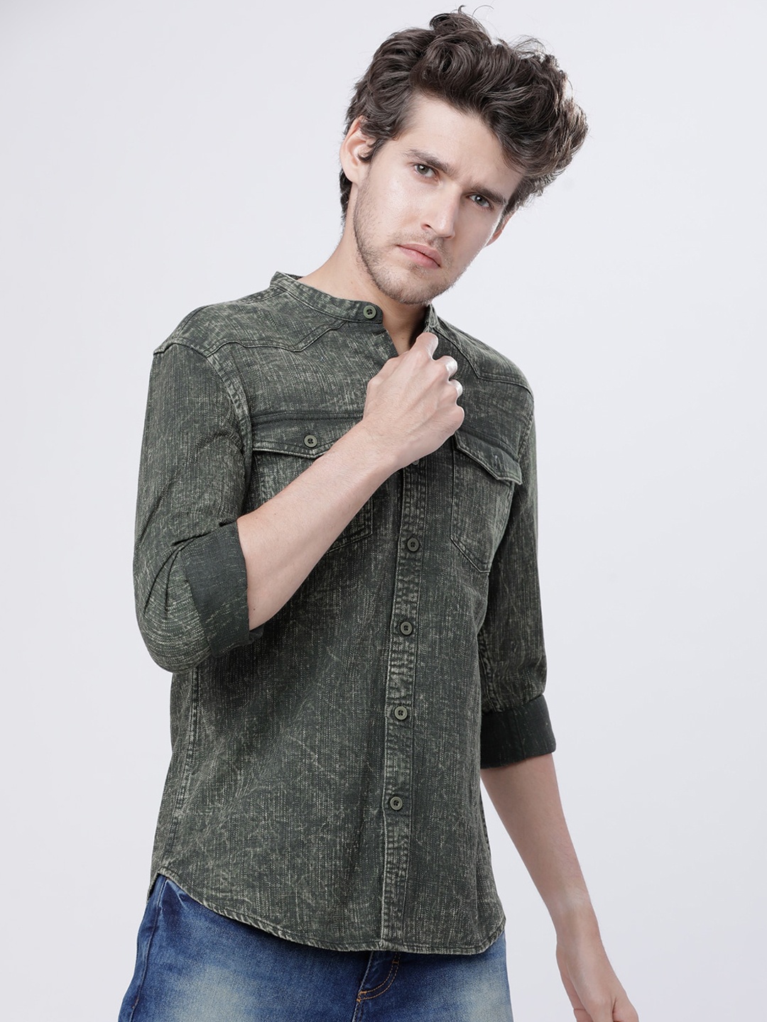 

HIGHLANDER Men Olive Green Slim Fit Printed Casual Shirt
