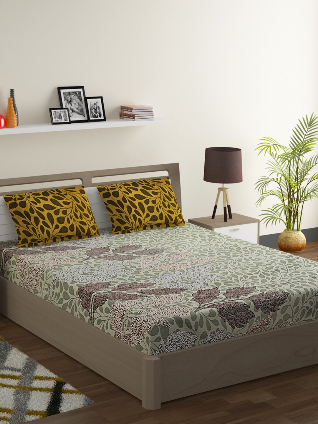 

SWAYAM Green & Yellow Floral 120 TC Cotton 1 King Bedsheet with 2 Pillow Covers
