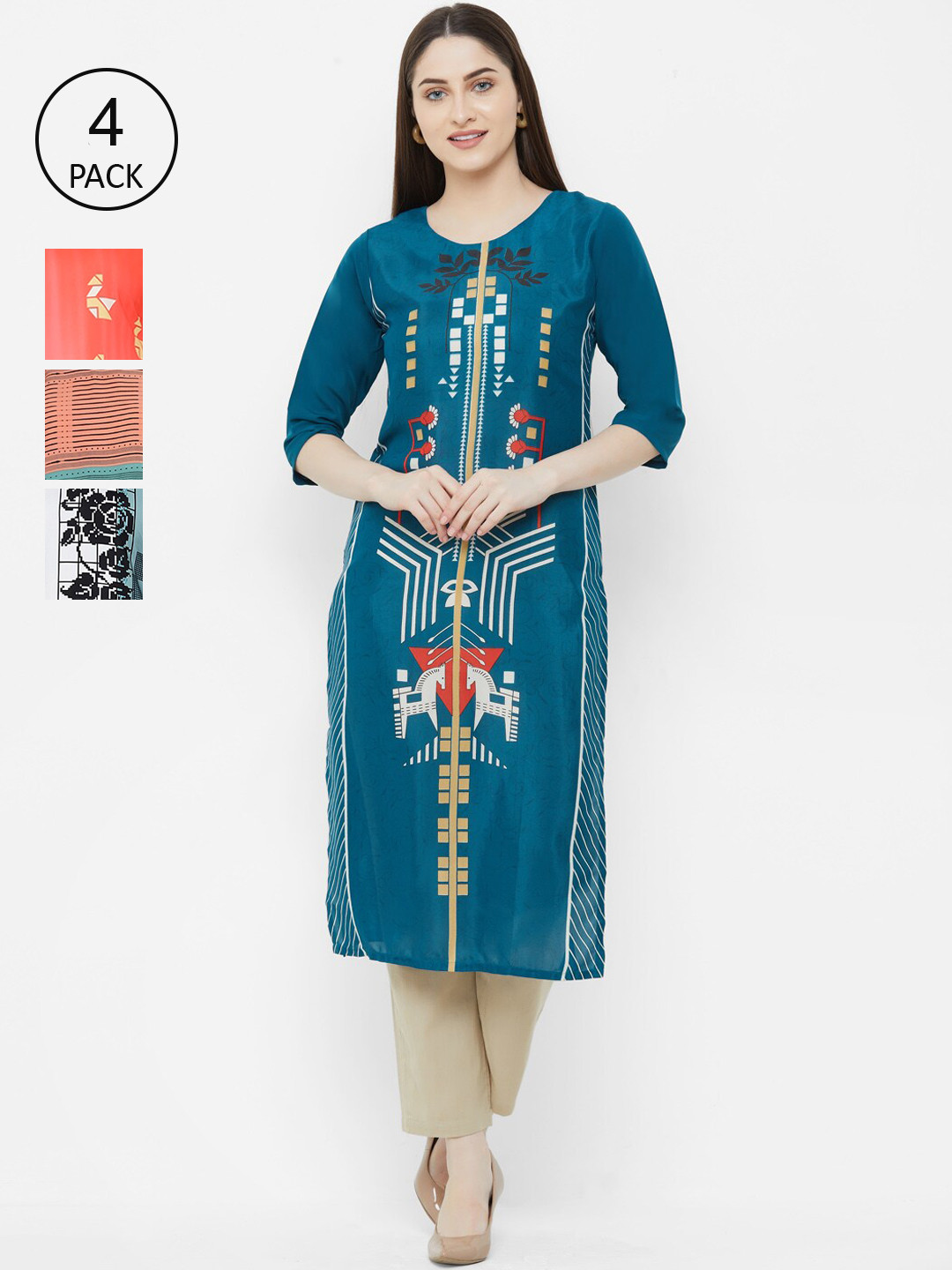 

7Threads Pack Of 4 Multicoloured Printed Crepe Kurta, Multi