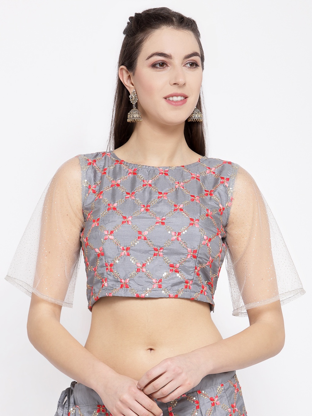 

studio rasa Grey Floral Embroidered Flared Sleeves Net Crop Top