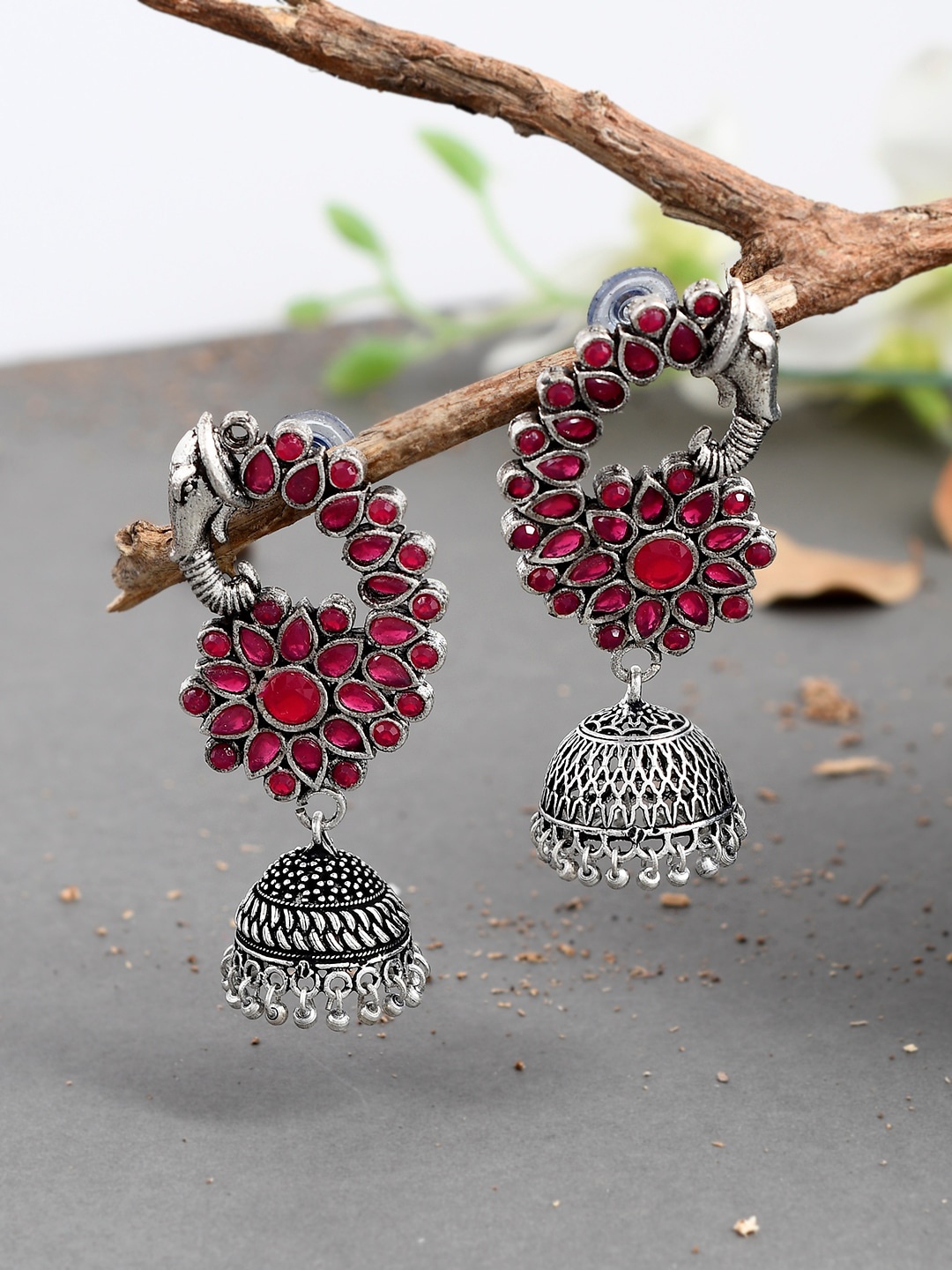

Silvermerc Designs Silver-Plated & Red Dome Shaped Jhumkas