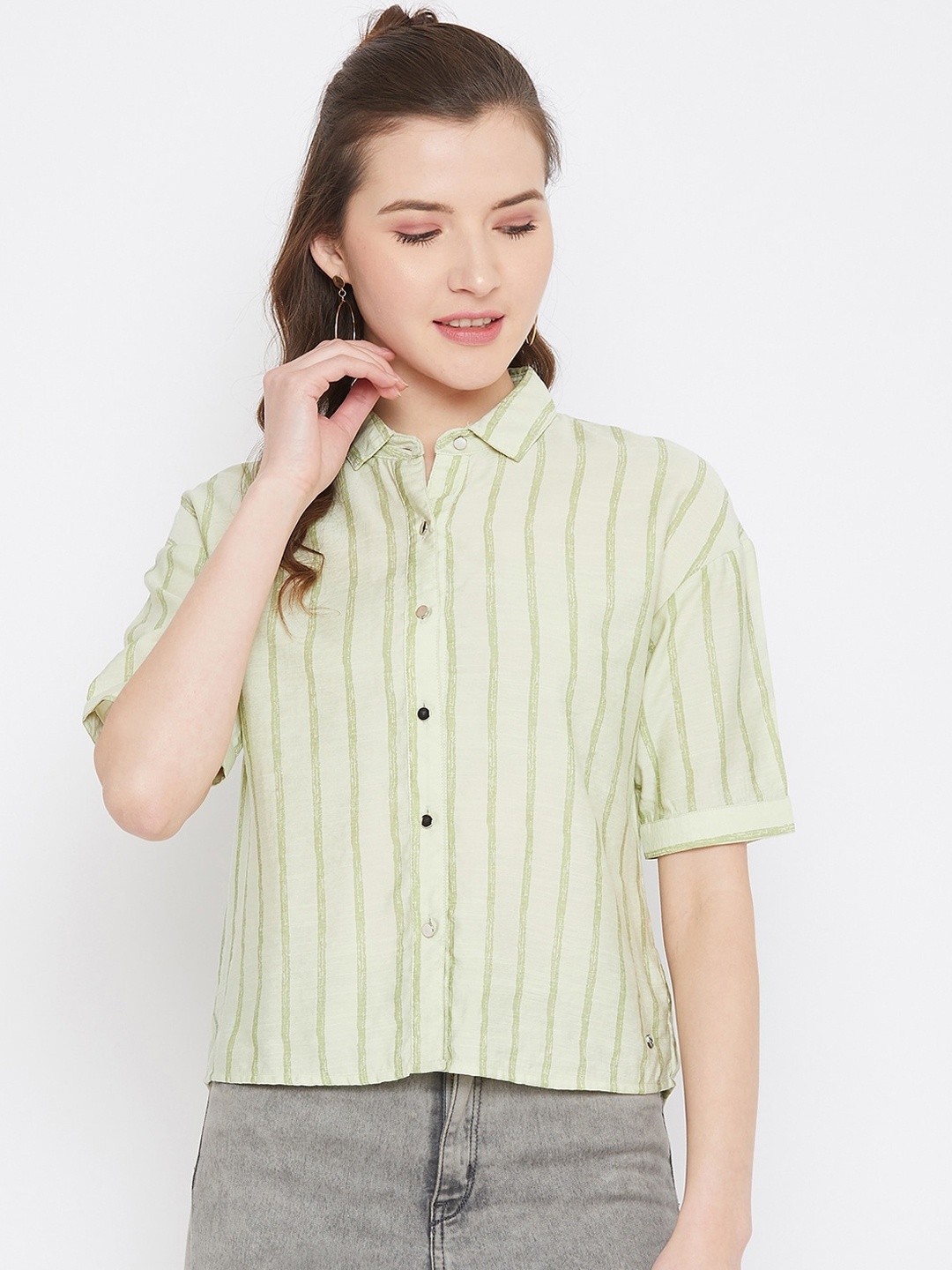 

Octave Green Striped Shirt Style Top