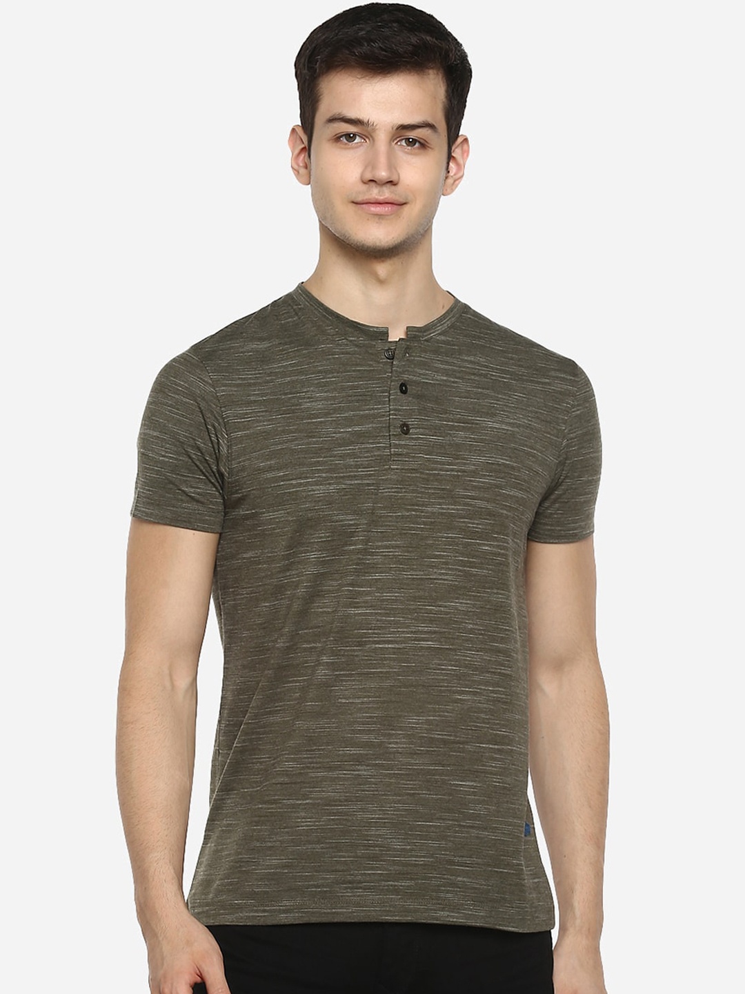 

Red Chief Men Olive Green Striped Henley Neck T-shirt