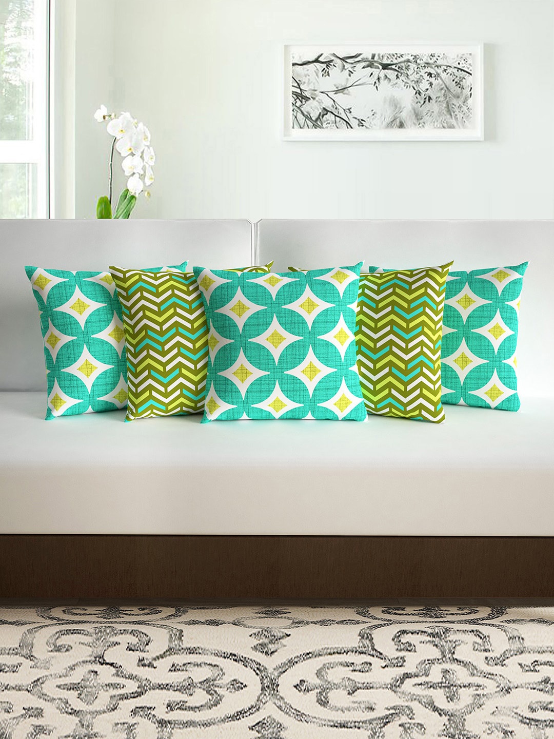 

Divine Casa White & Turquoise Blue Set of 5 Ethnic Motifs Square Cushion Covers