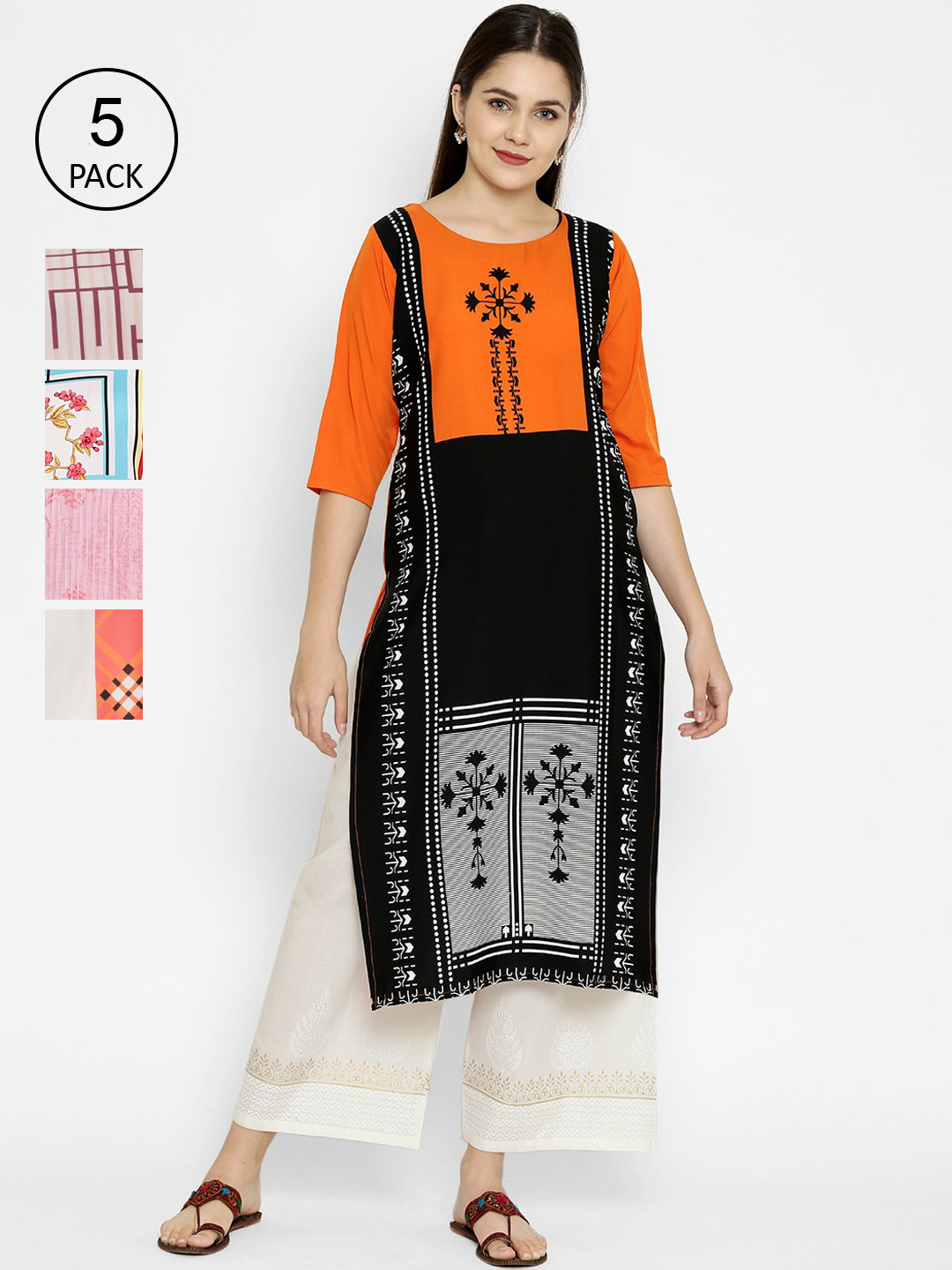 

7Threads Multicoloured Pack of 5 Ethnic Motifs Printed Crepe Kurta, Multi