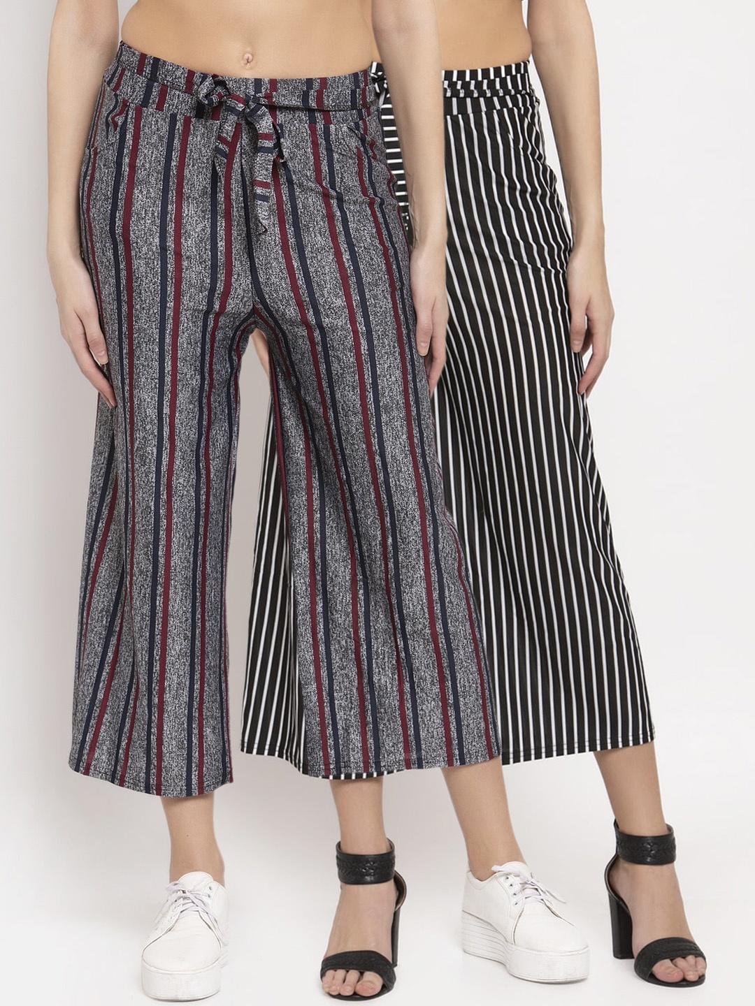 

KLOTTHE Women Pack of 2 Striped Wide Leg Palazzos, Black