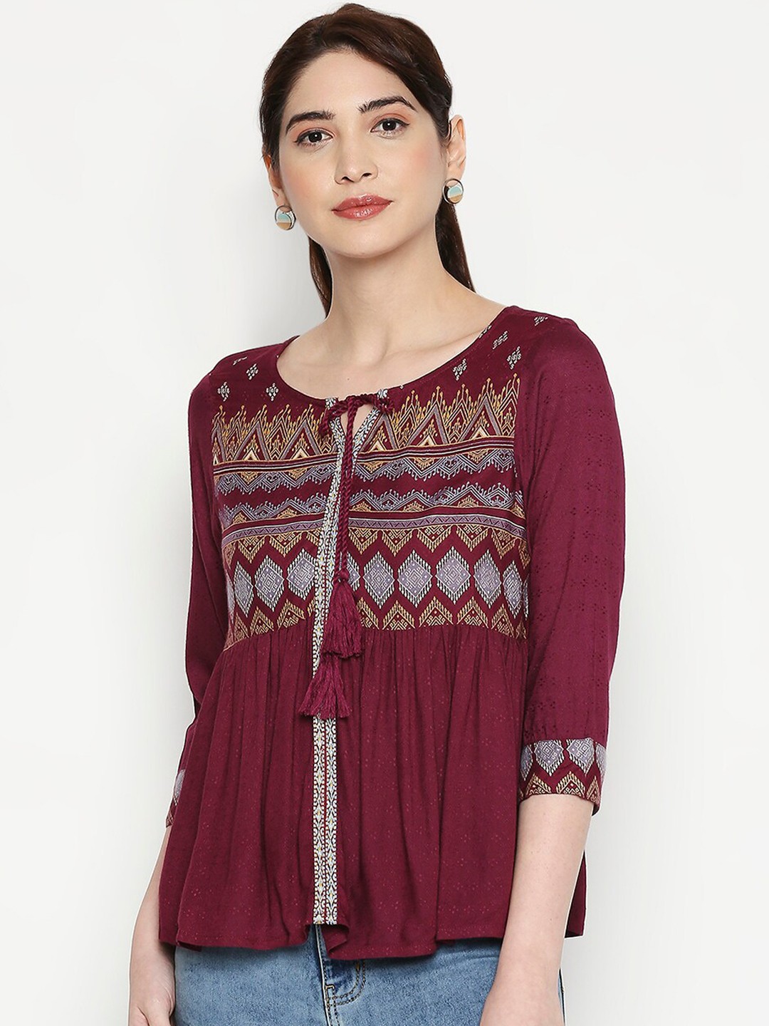 

People Maroon Geometric Printed Tie-Up Neck Top