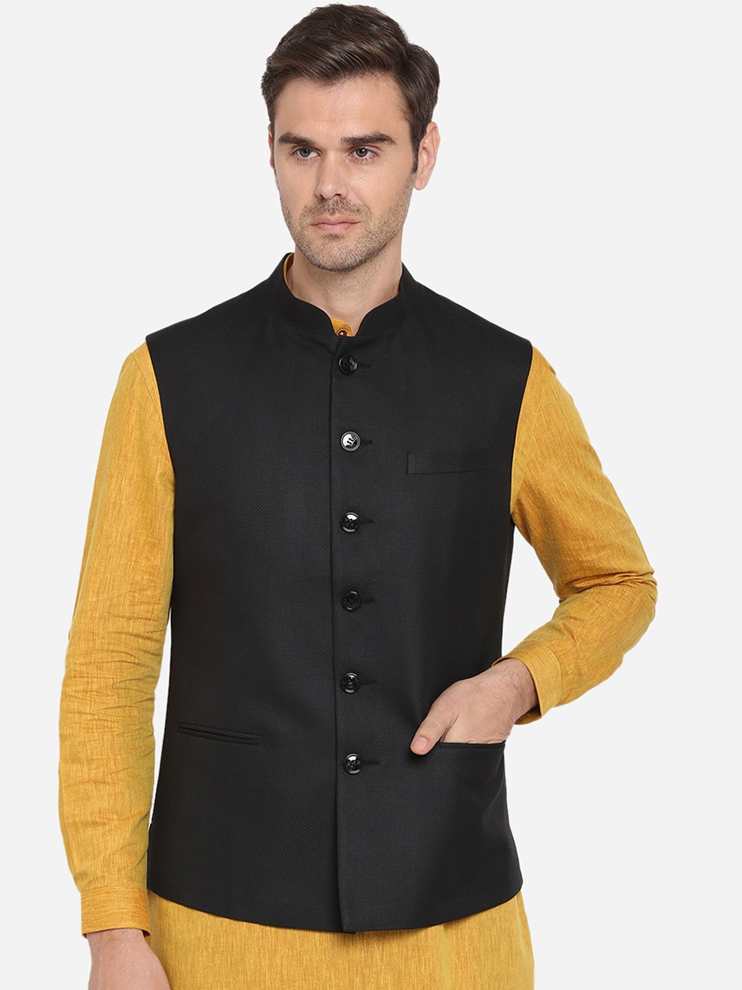 

Greenfibre Men Black Solid Nehru Jacket