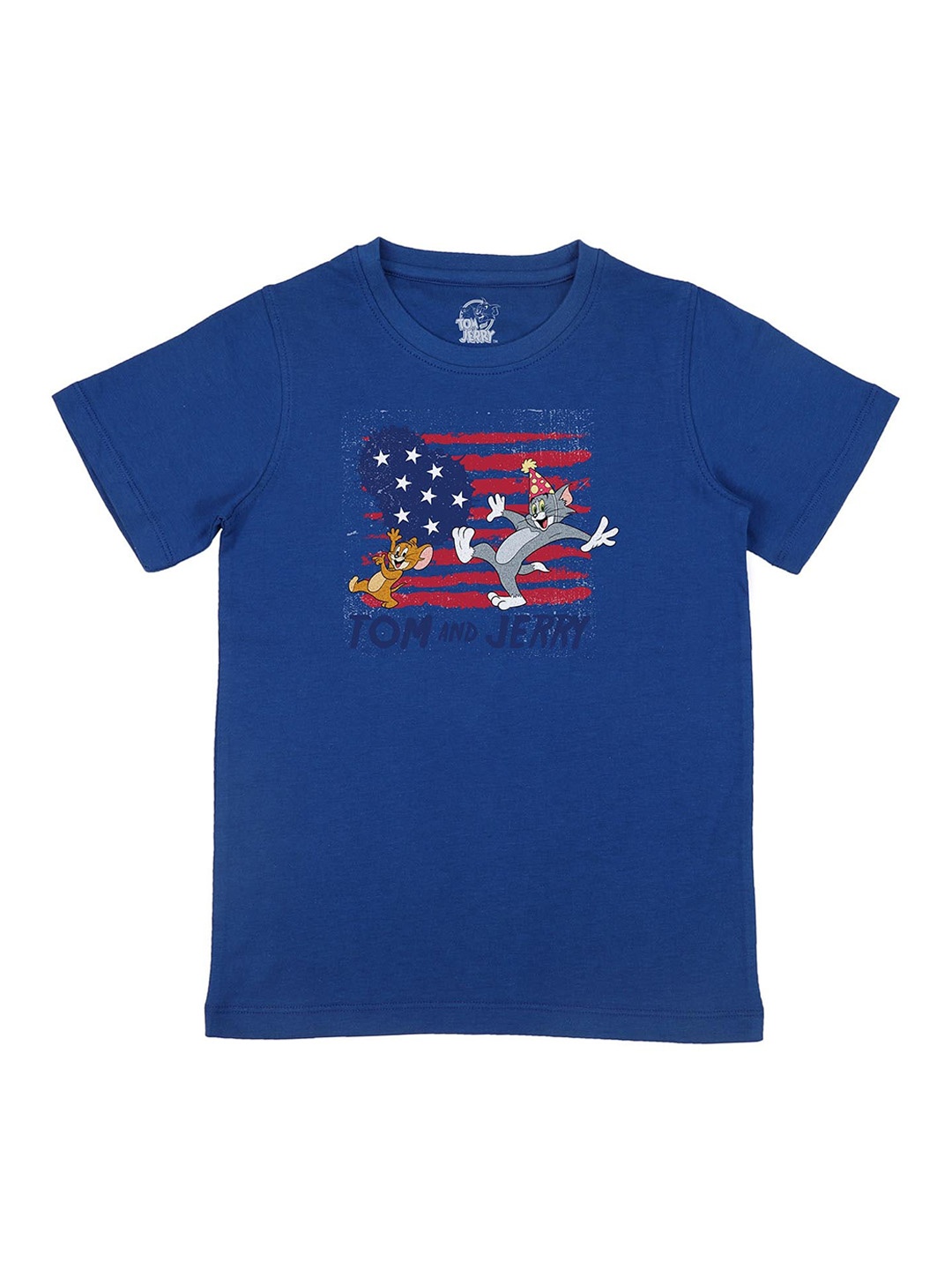 Tom Jerry Boys Blue Printed Round Neck Pure Cotton T-shirt