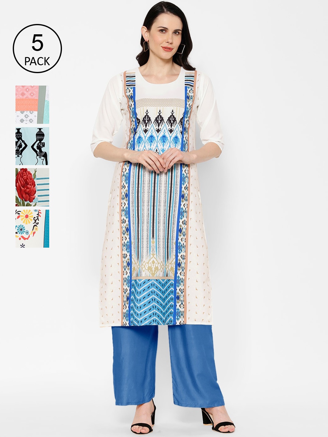 

7Threads Multicoloured Pack of 5 Floral Printed Crepe Kurta, Multi
