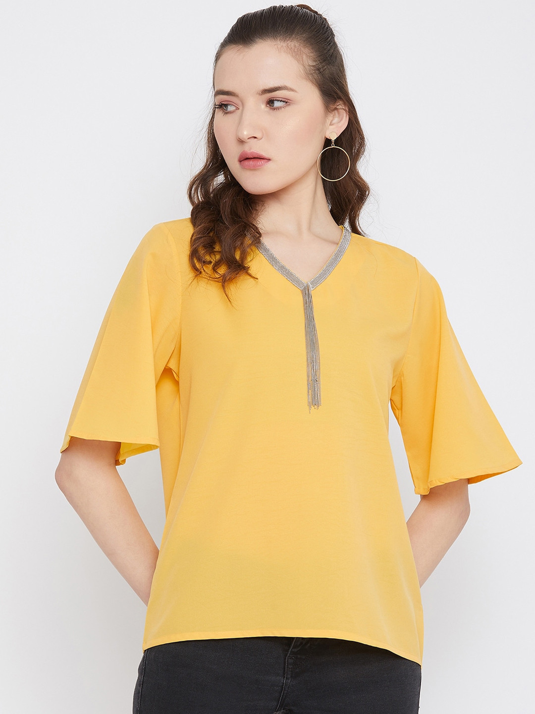 

Octave Mustard Yellow V-Neck Bell Sleeves Chiffon Top