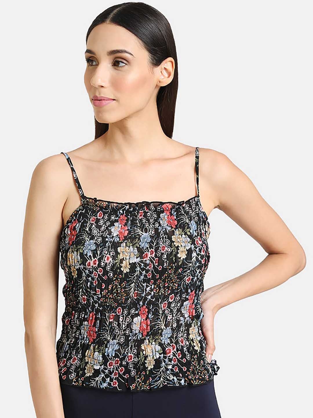 

Kazo Black & Red Floral Printed Smocked Spaghetti Top