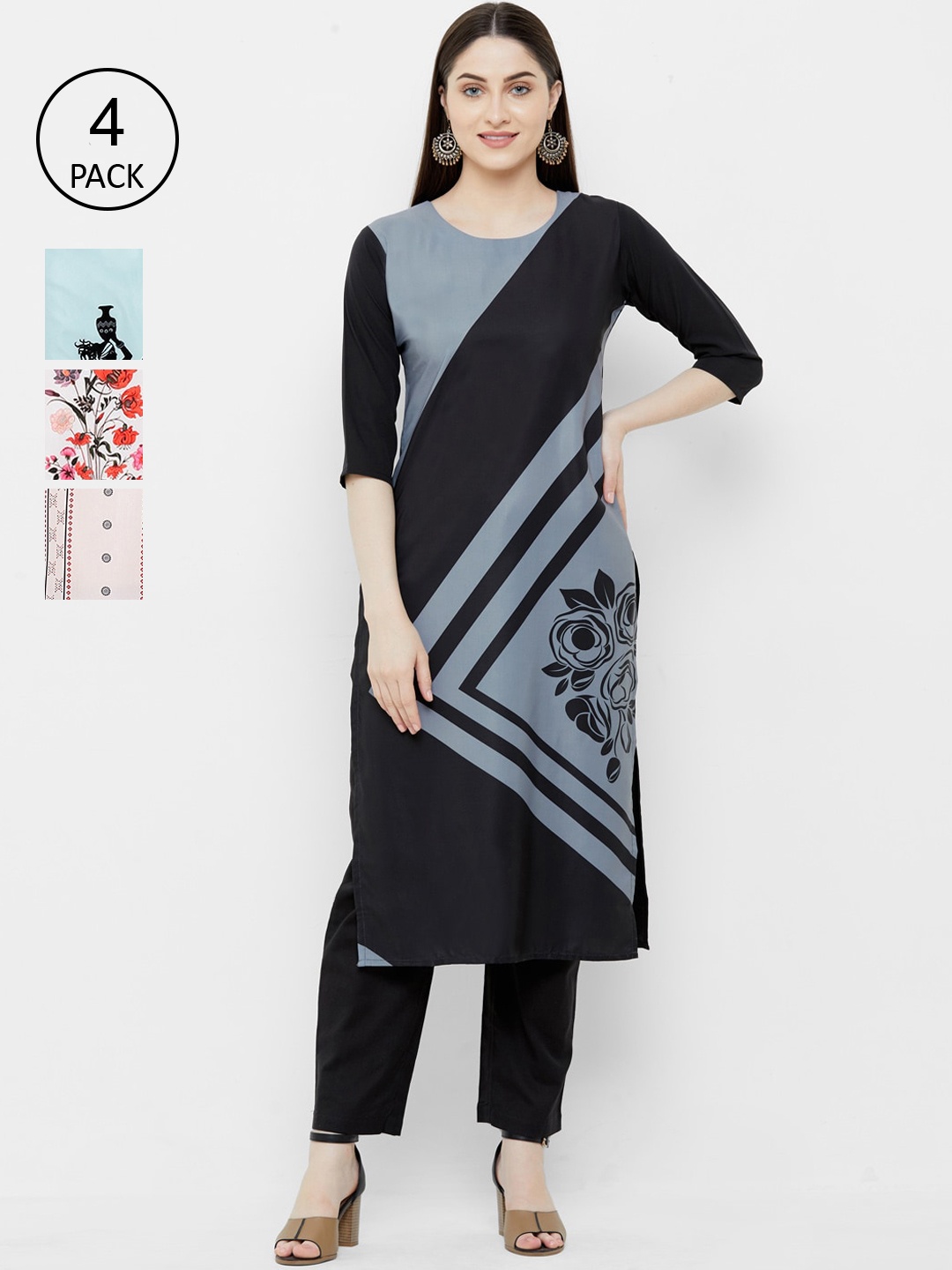 

7Threads Pack of 4 Ethnic Motifs Printed Crepe Kurta, Multi