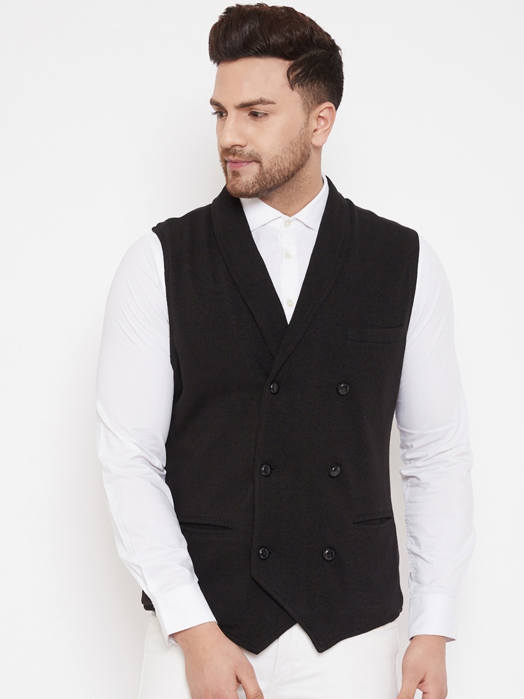 

Hypernation Men Black Double-Breasted Waistcoat