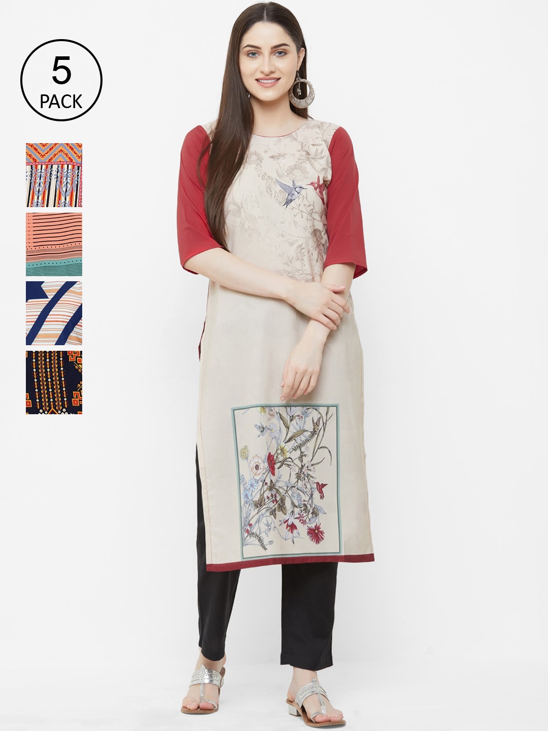 

7Threads Women Multicoloured Printed Crepe Kurta Pack of 5, Multi